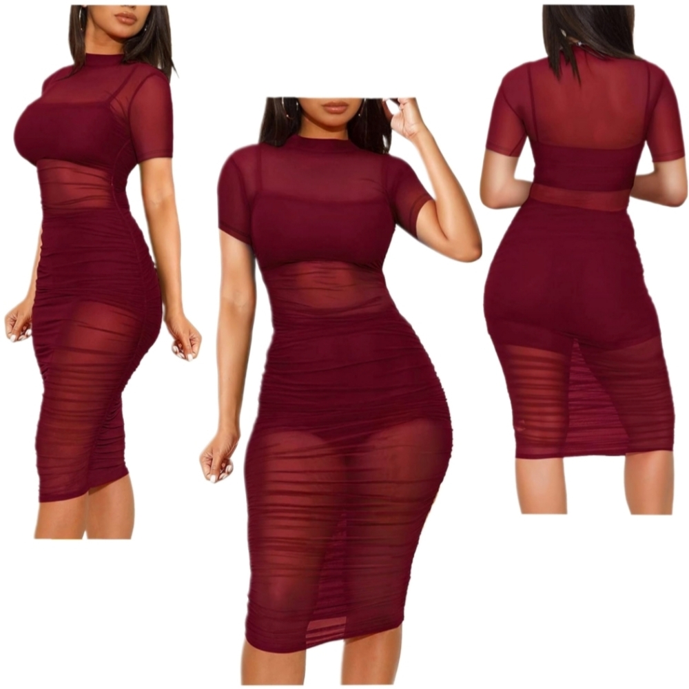💙 EUC Ruched Sheer Bodycon Party Club Dress